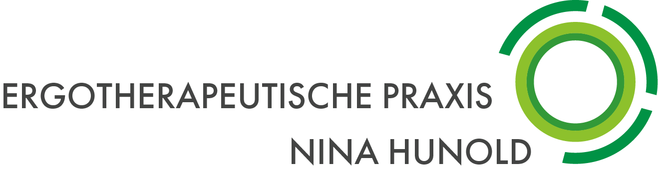 Der Schriftzug "Ergotherapeutische Praxis Nina Hunold" mit dem Logo und den Farben hellgrün und dunkelgrün